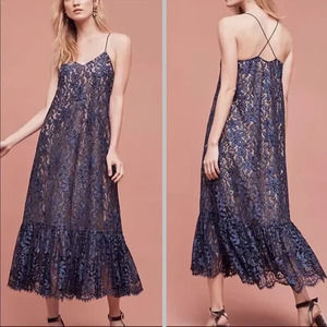 Moulinette Soeurs Blue Celestial Lace Strappy V-Neck Ruffle Hem Midi/Maxi Dress